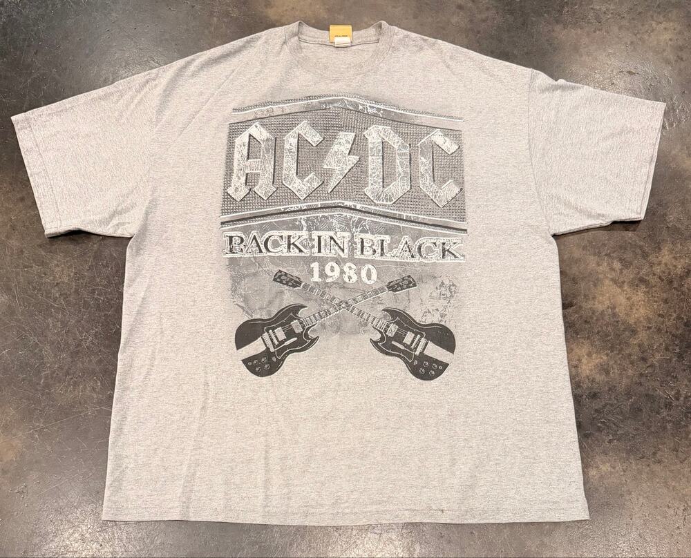 Y2K 1980 ACDC Back In Black Rockwell Double Guitar Classic Rock T-Shirt 3X Gray